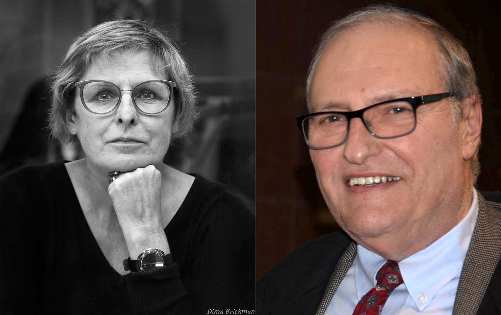 A black and white photo of a bespectacled woman, chin resting on hand, looking into the camera. To the right, a colour photo of a man wearing glasses, smiling for the camera